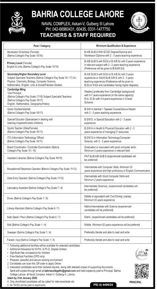 Bahria College Lahore Jobs 2025 