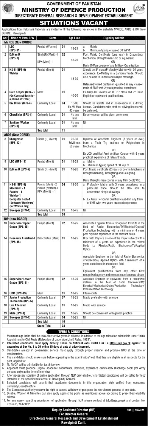 Ministry of Defence Production Jobs Advertisement 2025