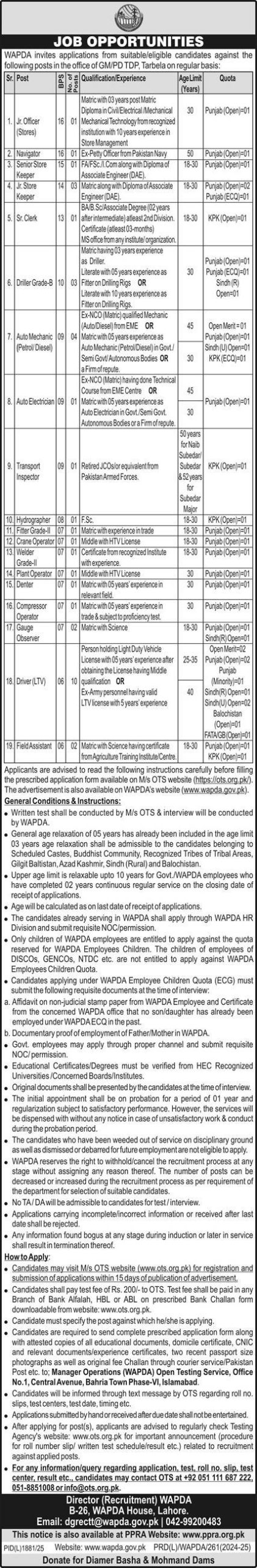 OTS Wapda Jobs Advertisement 2025 for Tarbela Dam Offices