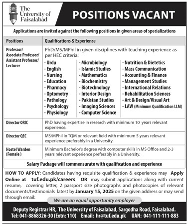 The University of Faisalabad TUF Jobs 2025 