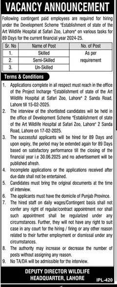 Punjab Wildlife Department Jobs 2025 in Lahore Zoo